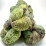 Hand Dyed Yarn "Evenfall" Green Spruce Olive Purple Sage Violet Grey Brown Speckled Alpaca Silk Lace 875yds 100g