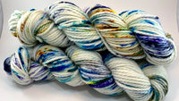 Hand Dyed Yarn "Sundog" Blue Violet Navy Cobalt Gold Brown Speckled Merino Bulky Superwash 106yds 100g