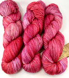 Hand Dyed Yarn "Bouquet" Pink Red Fuchsia Magenta Scarlet Rose Melon Purple Gold Merino Silk DK Superwash 246yds 100g