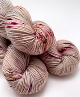 Hand Dyed Yarn "In the Gloaming" Tan Grey Blush Greige Taupe Purple Brown Gold Speckled Merino Sport Superwash 328yds 100g