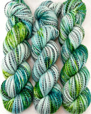 Hand Dyed Yarn "Viridescent" Green Emerald Avocado Lime Yellow Speckled Merino Nylon Zebra Fingering Sock Superwash 438yds 100g