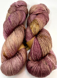 Hand Dyed Yarn "Orchids Akimbo” Purple Brown Caramel Mauve Tan Taupe Violet Speckled BFL Bluefaced Leicester Fingering Superwash 438yds 100g