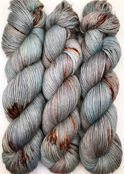 Hand Dyed Yarn "Chinook" Blue Grey Turquoise Brown Rust Copper Violet Speckled BFL Silk Fingering Weight Superwash 425yds 115g