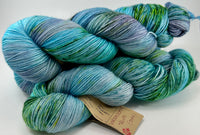 Hand Dyed Yarn "Viridescent + Blue OOAK" Green Emerald Avocado Lime Yellow Blue Turquoise Teal Speckled Polwarth Fine Fingering Superwash 438yds 100g