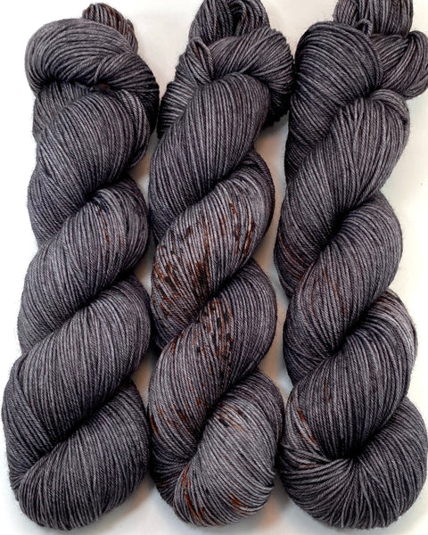 Hand Dyed Yarn "Cast Iron" Grey Brown Charcoal Backish Rust Speckled Merino DK Superwash 243yds 100g