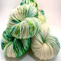 Hand Dyed Yarn "Viridescent" Green Emerald Lime Spruce Yellow Ecru Speckled Bluefaced Leicester DK Weight Superwash 248yds 100g