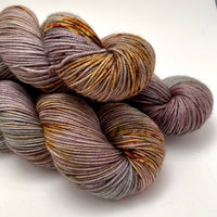 Hand Dyed Yarn "Here There Be Dragons" Brown Green Khaki Grey Gold Caramel Rust Speckled Merino Sport Superwash 328yds 100g