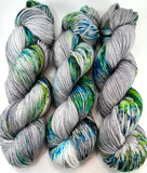 Hand Dyed Yarn "Shattered" Grey Silver Blue Turquoise Green Navy Lime Yellow Speckled Merino Silk Fingering Singles Superwash 438yds 100g