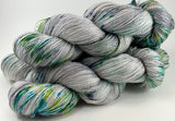 Hand Dyed Yarn "Shattered" Grey Gray Silver Green Blue Turquoise Yellow Chartreuse Navy Speckled Silk Linen Heavy Lace 756yds 115g
