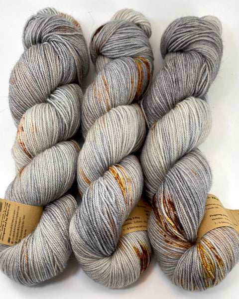 Hand Dyed Yarn "Rusty Bucket” Grey Silver Brown Orange Gold Copper Rust Speckled BFL Bluefaced Leicester Silk Fingering Superwash 425yds 115g