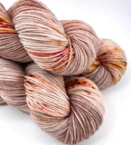 Hand Dyed Yarn "Caramel Mochaccino" Brown Taupe Tan Gold Caramel Pink Speckled Merino DK Superwash 243yds 100g
