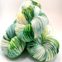 Hand Dyed Yarn "Viridescent" Green Emerald Avocado Lime Yellow Ecru Tan Speckled Polwarth Fine Fingering Superwash 438yds 100g