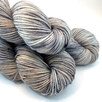 Hand Dyed Yarn "Silverbirchenstick" Grey Tan Silver Brown Black Speckled Merino Bulky Superwash 106yds 100g