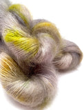 Hand Dyed Yarn "Lichen Me on Mossbook" Grey Beige Greige Green Yellow Orange SuperKid Mohair Silk Laceweight 465yds 50g