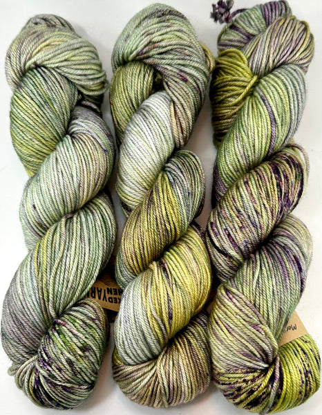 Hand Dyed Yarn "Evenfall" Green Olive Spruce Lime Sage Purple Grey Brown Speckled Merino Silk DK Weight Superwash 231yds 100g