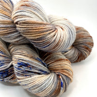 Hand Dyed Yarn "Wild Horses" Tan Brown Caramel Grey Blue Orange Copper Speckled  Polwarth DK Weight Superwash 246yds 100g