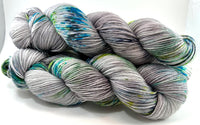 Hand Dyed Yarn "Shattered" Grey Silver Navy Blue Green Lime Turquoise Yellow Speckled Merino Mohair Nylon Fingering Sock SW 437 yds 100g