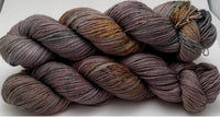 Hand Dyed Yarn "Here There Be Dragons" Brown Green Khaki Grey Gold Caramel Rust Speckled Polwarth DK Superwash 248yds 100g