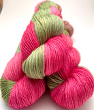 Hand Dyed Yarn "Swamp Diva" Green Pink Olive Magenta Yellow Brown Speckled Merino Nylon Sock Fingering SW 437yds 100g