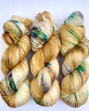 Hand Dyed Yarn “Funny Honey" Yellow Gold Blonde Turquoise Brown Rust Copper Speckled Merino Silk Lace Yarn Superwash 875yds 100g