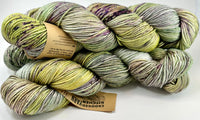 Hand Dyed Yarn "Evenfall" Green Olive Spruce Lime Sage Purple Grey Brown Speckled Merino Silk DK Weight Superwash 231yds 100g