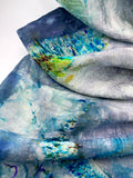 Hand Dyed Silk Scarf "BeeBop Blues #2" Blue Navy Turquoise Green Violet Gold Teal Silver Yellow Mulberry Silk Scarf 22.5” x 71” 57cm x 180cm
