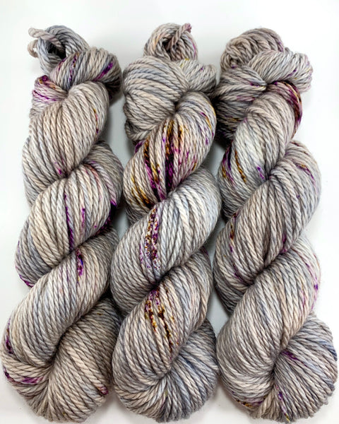 Hand Dyed Yarn "In the Gloaming" Grey Taupe Tan Brown Purple Caramel Gold Speckled Merino Bulky Superwash 106yds 100g