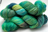 Hand Dyed Yarn "Tropical Turmoil" Grey Lime Blue Green Teal Turquoise Navy Merino Fine Fingering Singles Superwash 465yds 115g