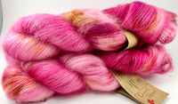 Hand Dyed Yarn “Oink Ponk" Pink Magenta Fuchsia Red Hot Pink Yellow Gold Bordeaux Speckled SuperKid Mohair Silk Laceweight 465yds 50g