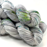 Hand Dyed Yarn "Shattered" Grey Gray Silver Green Blue Turquoise Yellow Chartreuse Navy Speckled Silk Linen Heavy Lace 756yds 115g