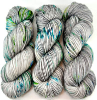 Hand Dyed Yarn "Shattered" Grey Silver Green Navy Turquoise Lime Yellow Speckled Merino DK Superwash 243yds 100g