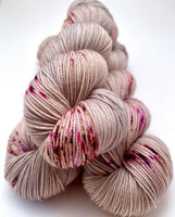Hand Dyed Yarn “In the Gloaming" Grey Tan Blush Beige Gold Purple Speckled Merino Mohair Fingering Singles Superwash 395yds 100g