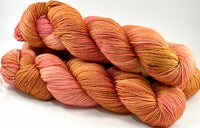 Hand Dyed Yarn "Razzle Dazzle" Gold Pink Orange Yellow Peach Magenta Speckled BFL Bluefaced Leicester Silk Fingering Superwash 425yds 115g