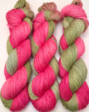 Hand Dyed Yarn "Swamp Diva" Green Pink Olive Magenta Yellow Brown Speckled Merino Nylon Sock Fingering SW 437yds 100g