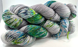 Hand Dyed Yarn "Shattered" Grey Silver Navy Blue Green Lime Turquoise Yellow Speckled Merino Mohair Nylon Fingering Sock SW 437 yds 100g