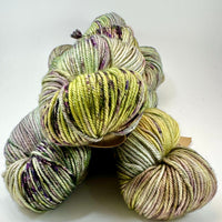 Hand Dyed Yarn "Evenfall" Green Olive Spruce Lime Sage Purple Grey Brown Speckled Merino Silk DK Weight Superwash 231yds 100g