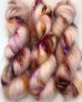 Hand Dyed Yarn "Mischievous Grin” Pink Brown Purple Gold Tan Red Blush SuperKid Mohair Silk Laceweight 465yds 50g