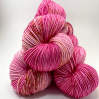 Hand Dyed Yarn "Oink Ponk" Pink Magenta Fuchsia Hot Pink Red Gold Bordeaux Caramel Speckled Merino Heavy Lace Light Fingering Superwash 822yds 150g