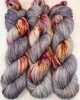 Hand Dyed Yarn "Up to No Good" Grey Purple Pink Gold Yellow Orange Red Silver Brown Black Bluefaced Leicester BFL Silk Fingering Superwash 425yds 115g