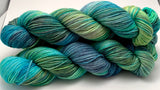 Hand Dyed Yarn "Tropical Turmoil" Lime Teal Grey Aqua Turquoise Blue Navy Green Merino Nylon DK Yarn SW 248yds 100g