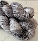 Hand Dyed Yarn "Scattered" Grey Silver Brown Black Speckled Merino Silk DK Weight Superwash 246yds 100g