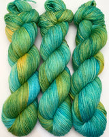Hand Dyed Yarn “Algae” Green Gold Turquoise Teal Yellow Blue Emerald Teal Speckled Merino Nylon Sock Fingering SW 437yds 100g