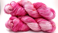 Hand Dyed Yarn "Oink Ponk” Pink Hot Pink Magenta Pink Fuchsia Purple Gold Yellow Speckled Silk Linen 735yds 115g