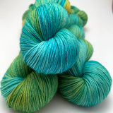 Hand Dyed Yarn “Algae” Green Gold Turquoise Teal Yellow Blue Emerald Teal Speckled Merino Nylon Sock Fingering SW 437yds 100g