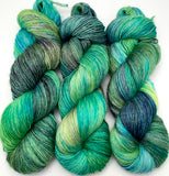 Hand Dyed Yarn "Tropical Turmoil" Grey Lime Blue Green Teal Turquoise Navy Merino Fine Fingering Singles Superwash 465yds 115g