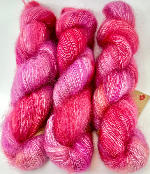 Hand Dyed Yarn "Bouquet" Pink Red Fuchsia Magenta Scarlet Rose Melon Purple Gold SuperKid Mohair Silk Lace 465yds 50g