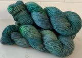 Hand Dyed Yarn "If a Teal Falls in the Forest…" Teal Green Blue Spruce Navy Chartreuse Bluefaced Leicester Fingering Superwash 438yds 100g
