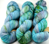 Hand Dyed Yarn "Viridescent + Blue OOAK" Green Emerald Avocado Lime Yellow Blue Turquoise Teal Speckled Polwarth Fine Fingering Superwash 438yds 100g