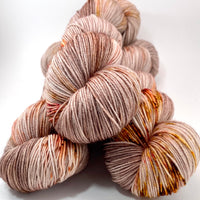 Hand Dyed Yarn "Caramel Mochaccino" Brown Taupe Tan Gold Caramel Pink Speckled Merino Fingering Superwash 438yds 100g